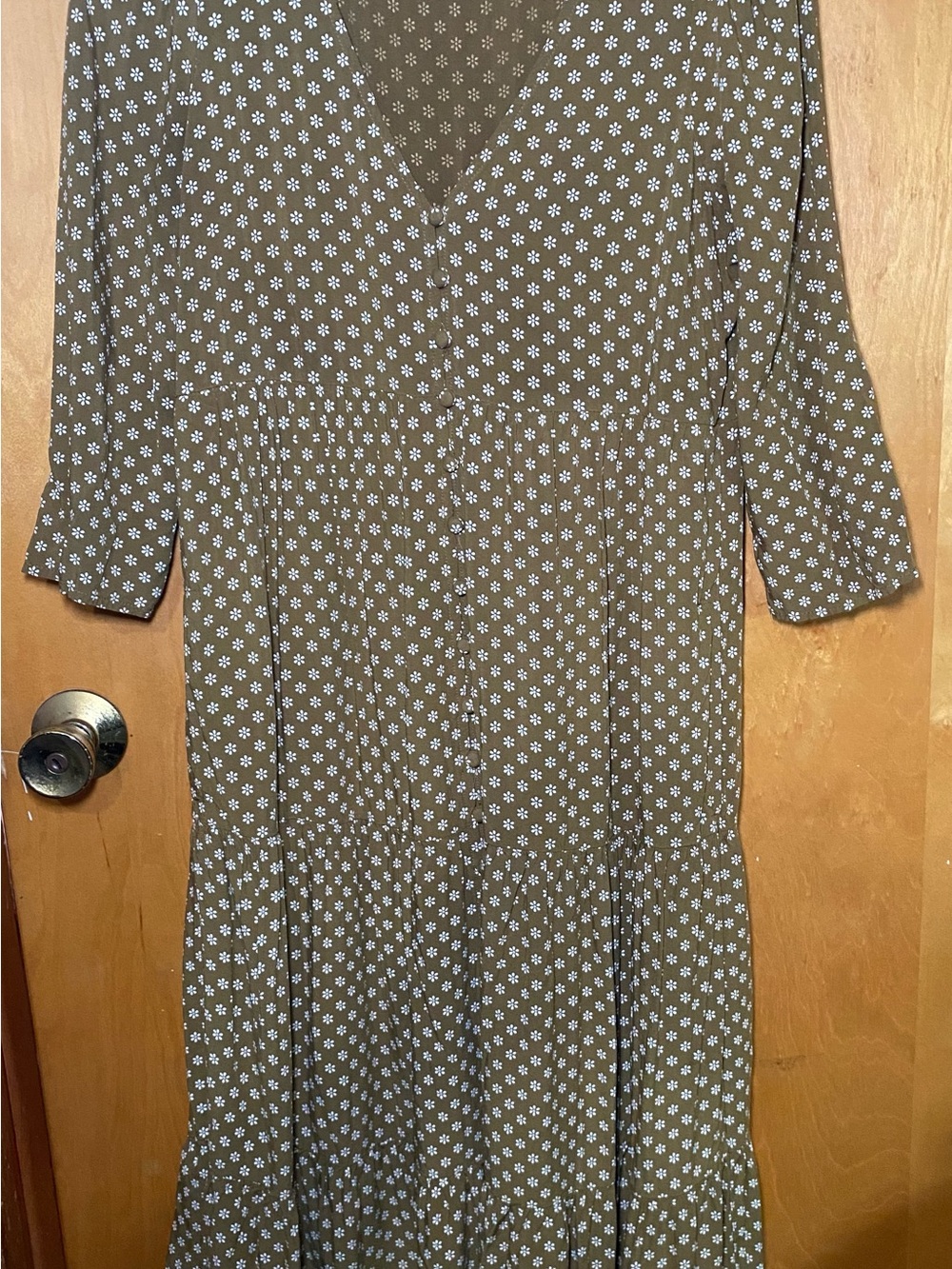 Madewell Olive Green Long Sleeve Floral Tiered Midi Dress